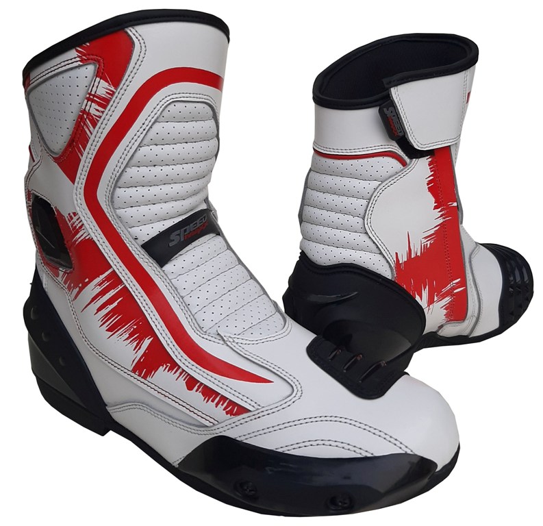 Real Leather White & RED Motorbike Short Racing Boots