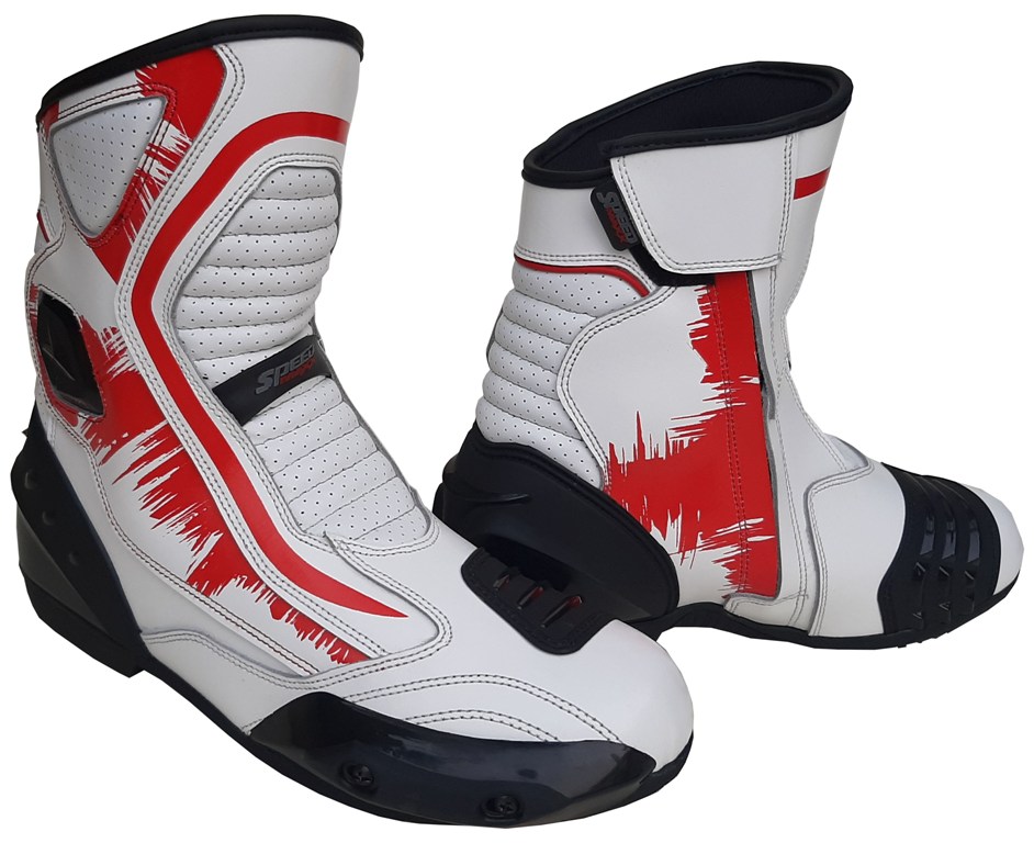 Real Leather White & RED Motorbike Short Racing Boots