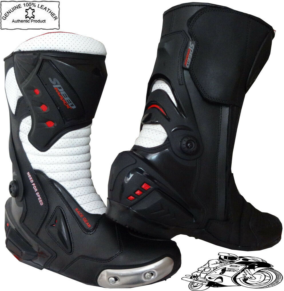 Mens White & Black Motorbike Racing Sports Leather Shoes