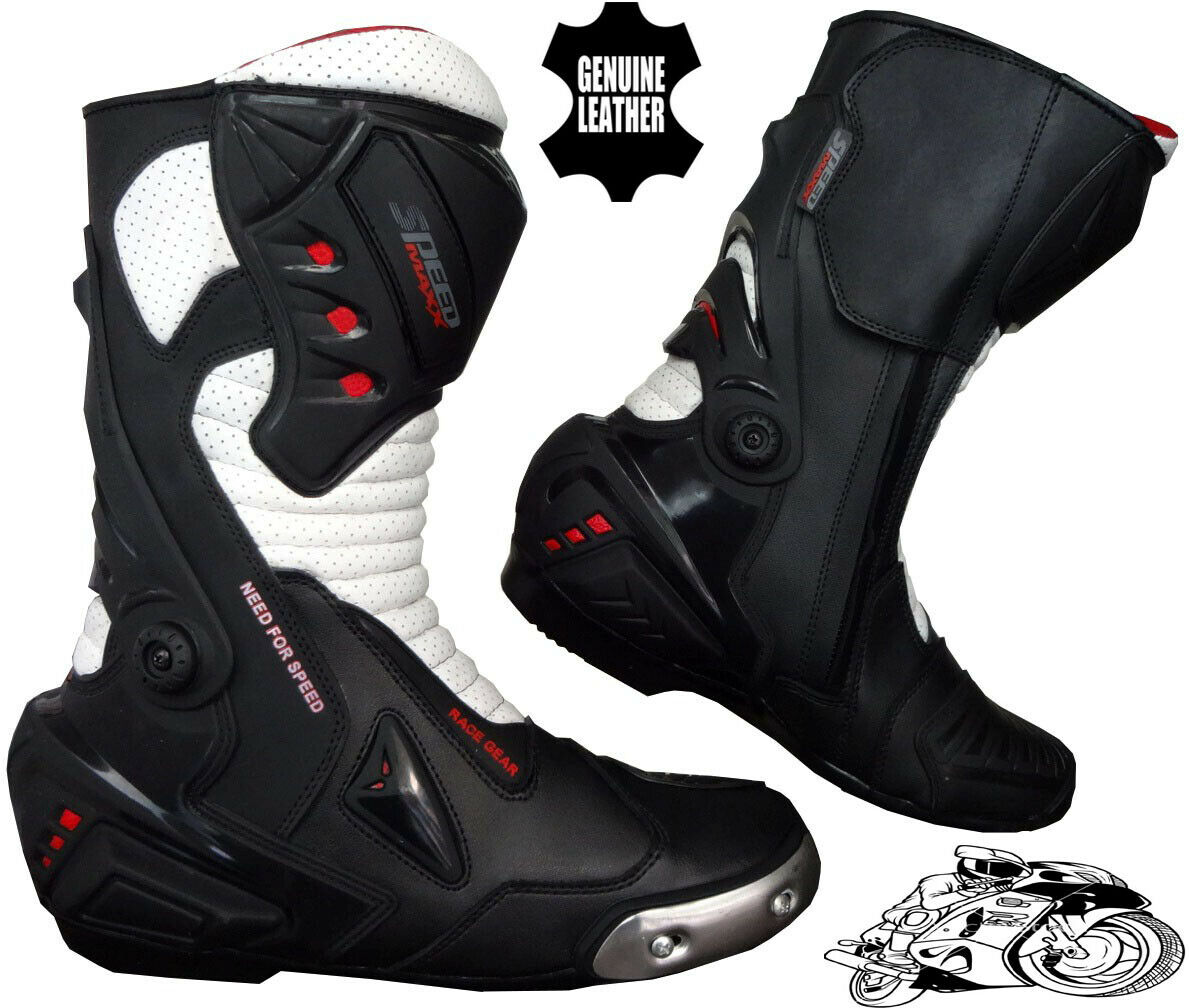Mens White & Black Motorbike Racing Sports Leather Shoes