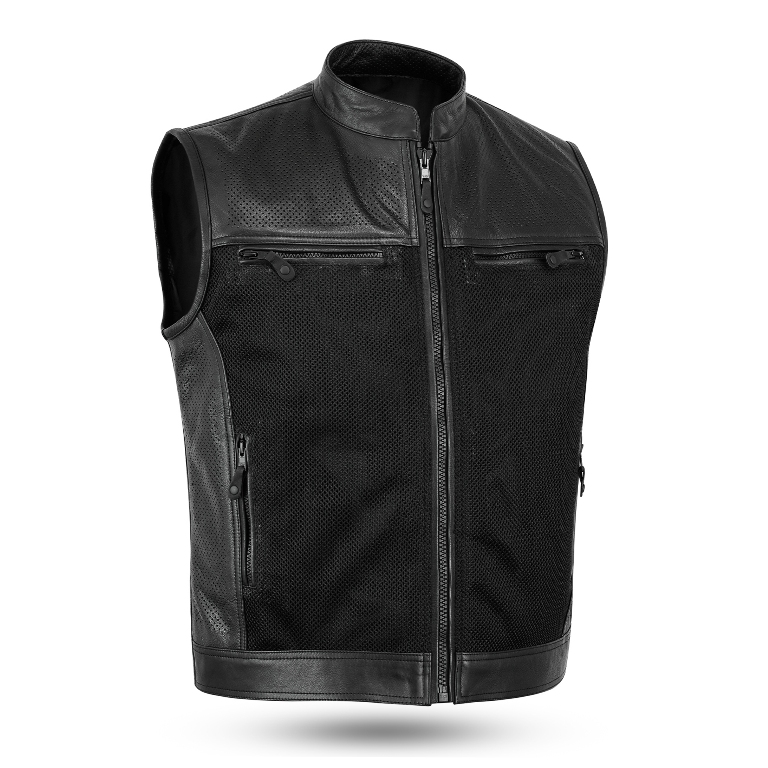 Mens Real Leather & Mesh Waistcoat Classic Motorcycle Biker Club Genuine Gillet Vest