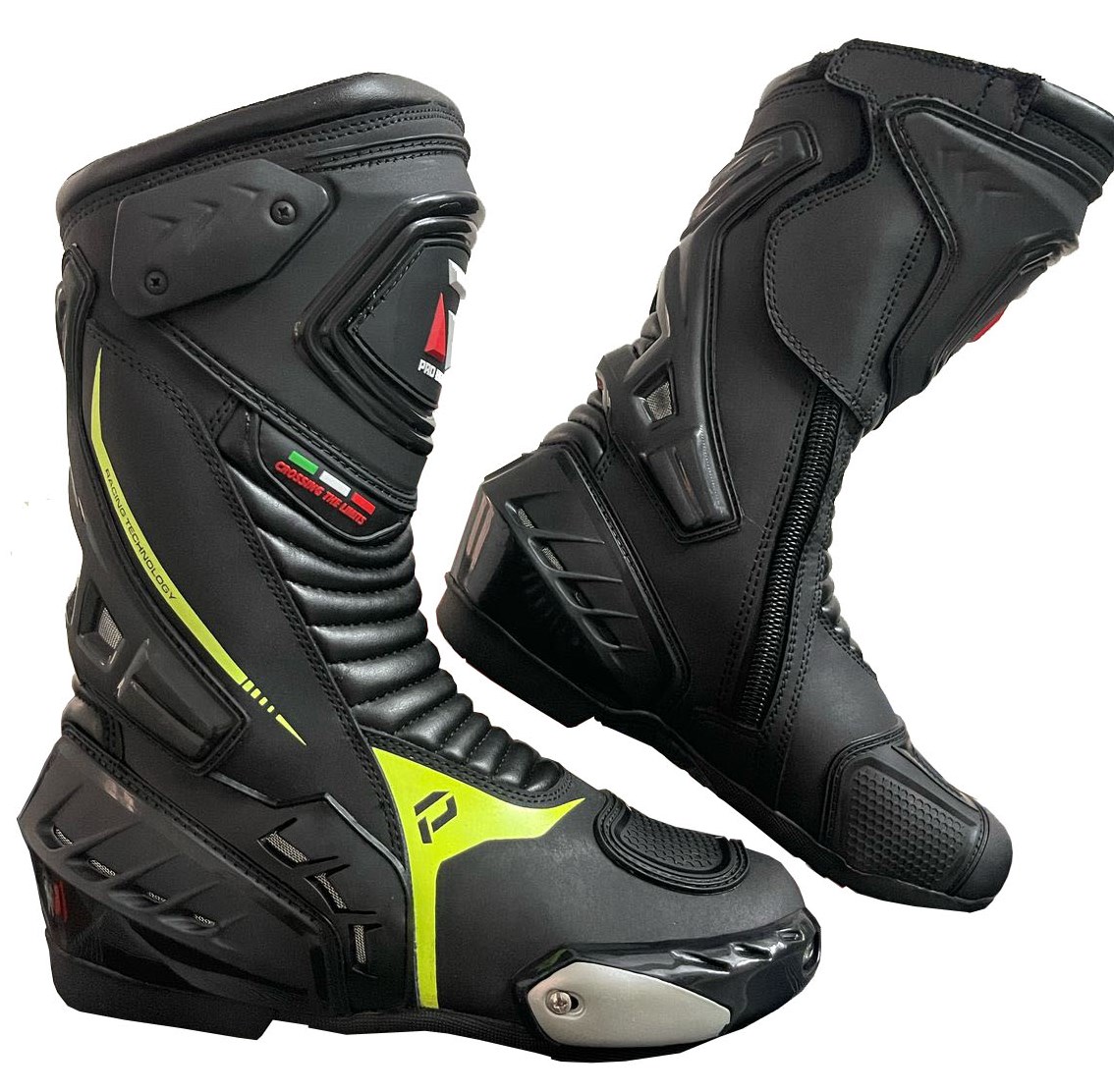 Mens Black & Hiviz CE Motorbike / Motorcycle Racing Sports Leather Shoes / Boots
