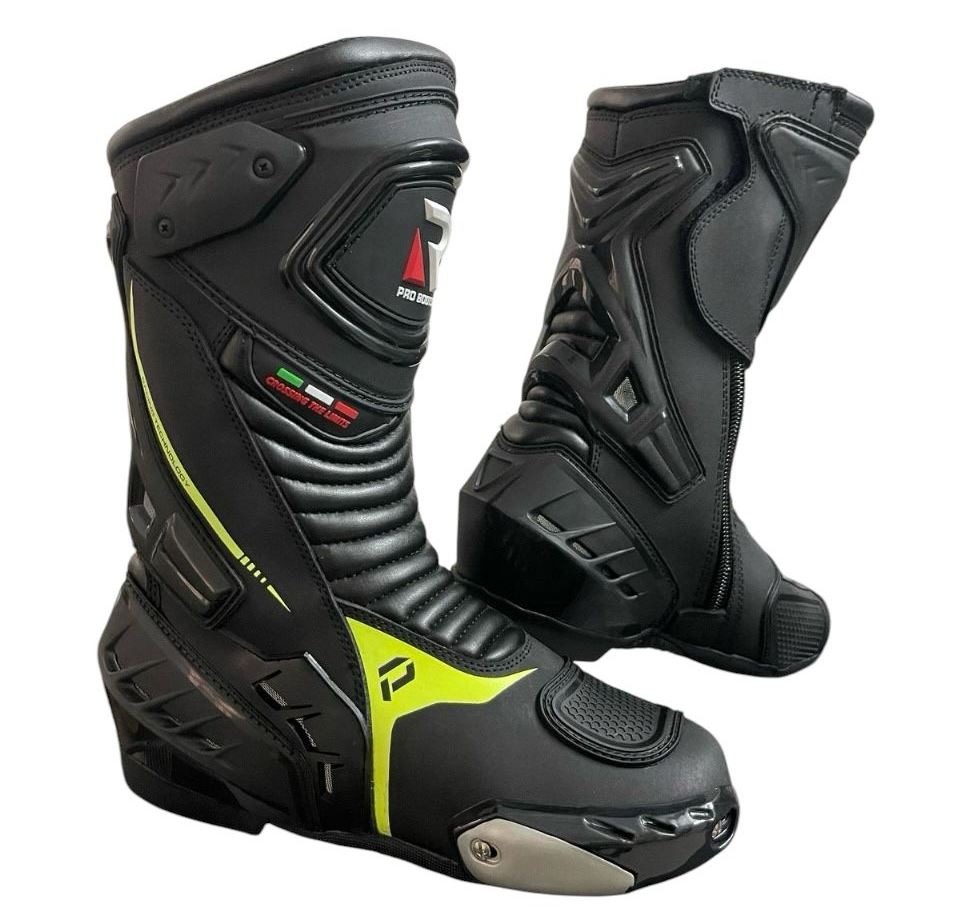 Mens Black & Hiviz CE Motorbike / Motorcycle Racing Sports Leather Shoes / Boots