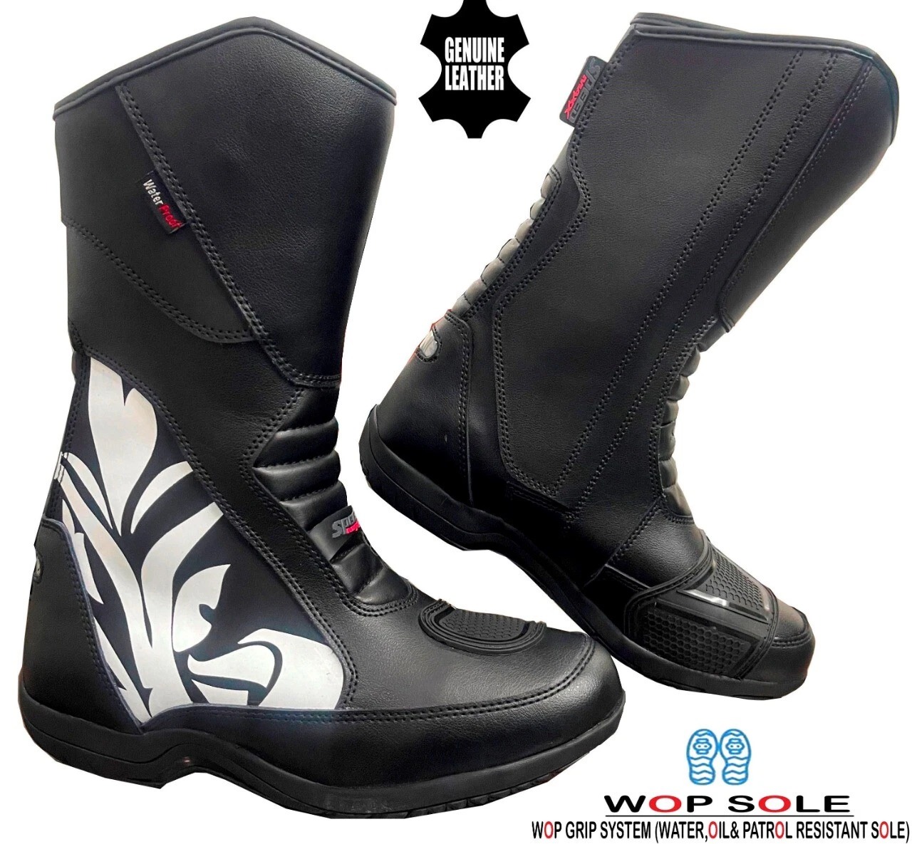 MENS BLACK & WHITE WATERPROOF LEATHER MOTORBIKE MOTORCYCLE TOURING SHOES / BOOTS